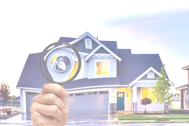 A family home at dusk with warm light in the windows, a magnifying glass held up to the roofline